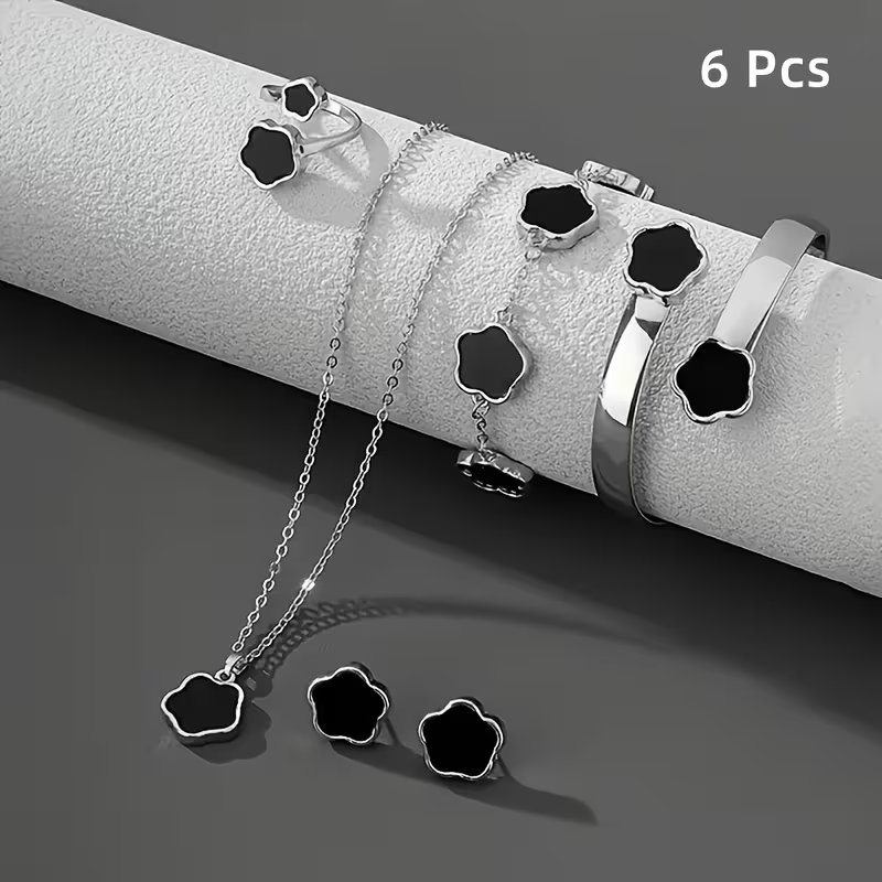 6pcs Lucky Flower 6pcs Jewelry Set - silver black best price in Sri Lanka