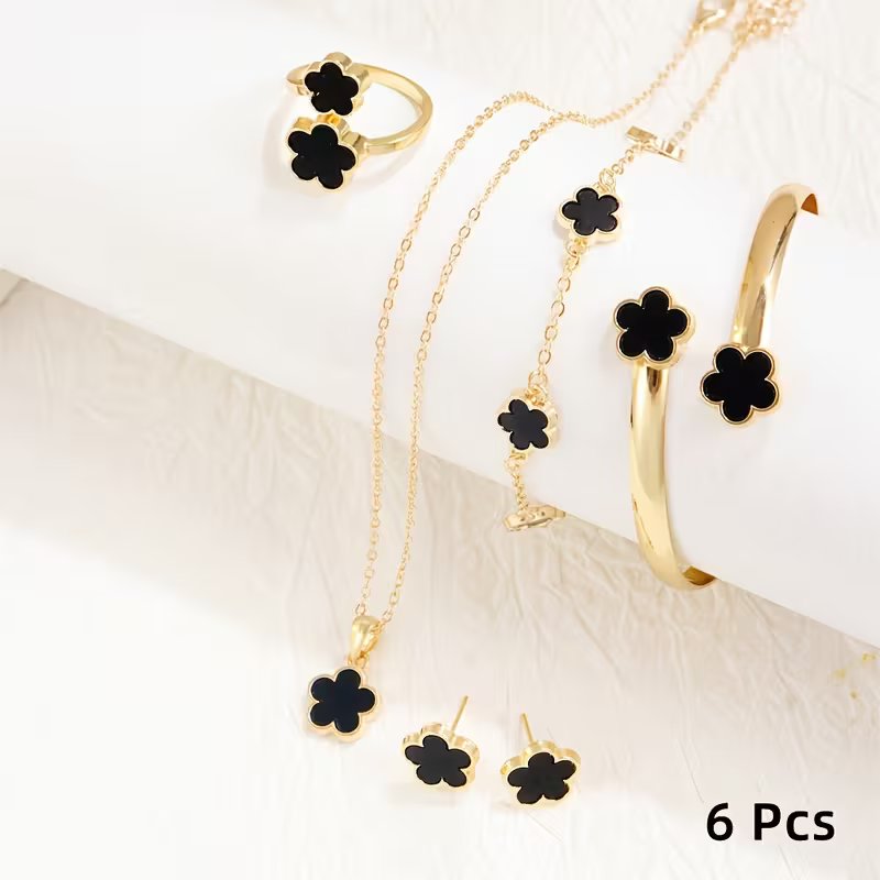 6pcs Lucky Flower 6pcs Jewelry Set - gold black best price in Sri Lanka